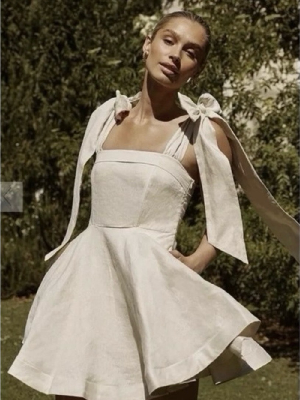 DISSH Aisle White Tie-Shoulder Linen Fit & Flare Mini Dress Size 4